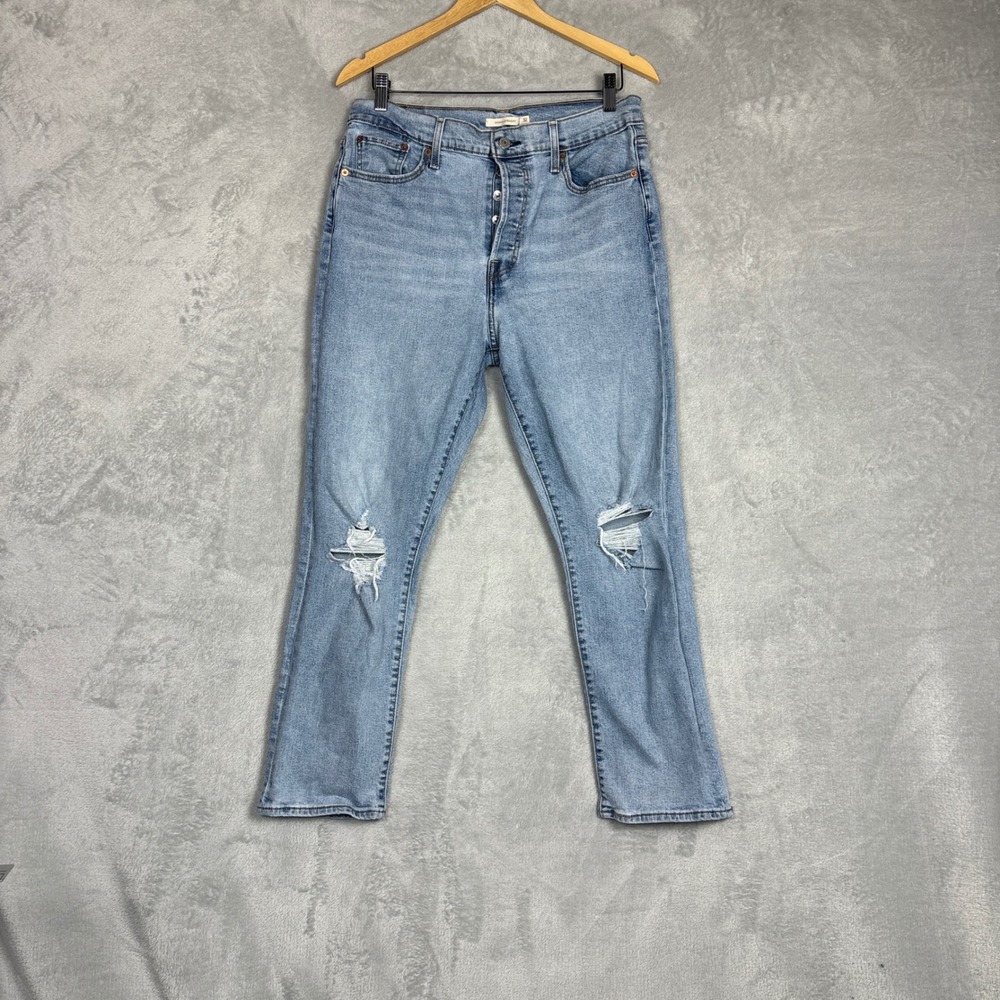 Levis Wedgie Straight Jeans Light Wash Distressed High Rise Button Fly 32